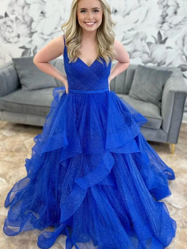 tiered dresstiered dressShiny V Neck Blue Tulle Long Prom Dresses, Fluffy Blue Formal Evening Dresses, Blue Ball Gown SP2830