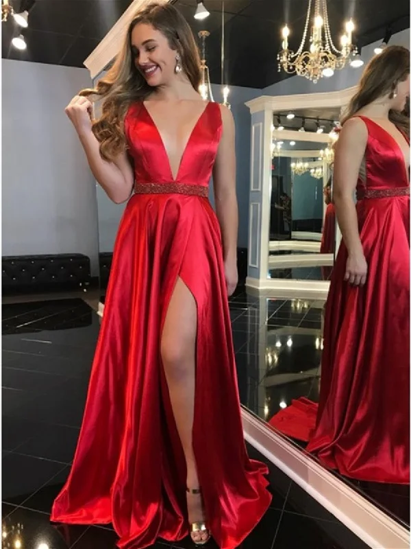Incredible Offers Elegant V Neck Red Satin Long Prom Dresses 2020 with High Slit, V Neck Red Formal Graduation Evening Dresses Incredible Offers Elegant V Neck Red Satin Long Prom Dresses 2020 with High Slit, V Neck Red Formal Graduation Evening Dresses