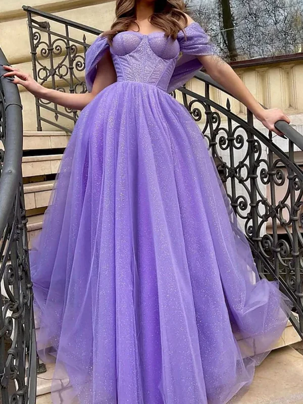 Limited Time Discount Shiny Tulle Off Shoulder Purple Long Prom Dresses, Purple Formal Dresses, Off the Shoulder Evening Dresses SP2536