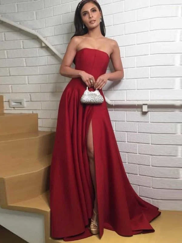Bonus Savings Elegant Dark Red Strapless Satin Long Prom Dresses with Side High Slit, Dark Red Formal Graduation Evening Dresses SP2231 Bonus Savings Elegant Dark Red Strapless Satin Long Prom Dresses with Side High Slit, Dark Red Formal Graduation Evening Dresses SP2231