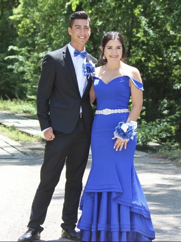 Buy Now Blue Off Shoulder Mermaid Satin Ruched Long Prom Dresses, Blue Formal Dresses, Evening Dresses