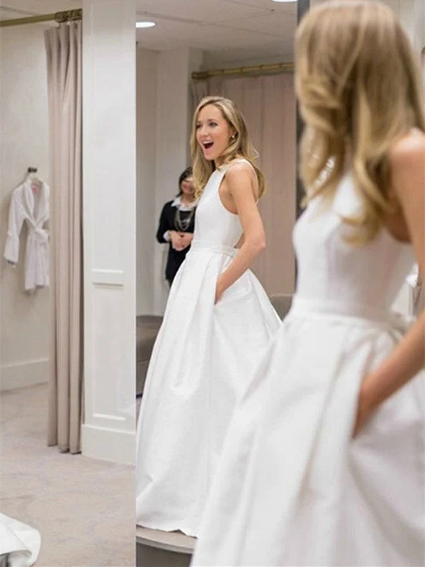 Limited Stock A Line Round Neck Satin White Wedding Dresses with Pockets, White Satin Prom Dresses, Formal Dresses Limited Stock A Line Round Neck Satin White Wedding Dresses with Pockets, White Satin Prom Dresses, Formal Dresses