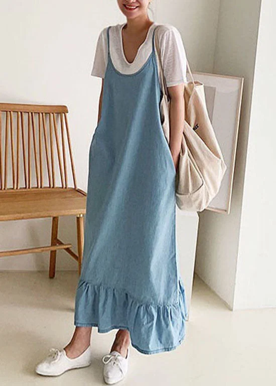 structured dressstructured dressBoutique Blue Ruffled Patchwork Denim Spaghetti Strap Dress Summer