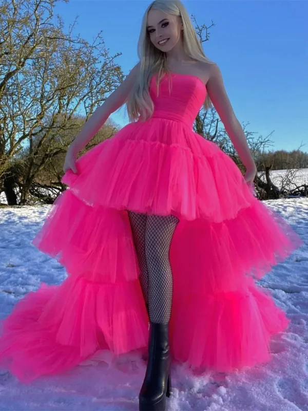 minimalistic dressminimalistic dressStrapless High Low Hot Pink Tulle Long Prom Dresses, High Low Hot Pink Formal Dresses, Hot Pink Evening Dresses SP2896