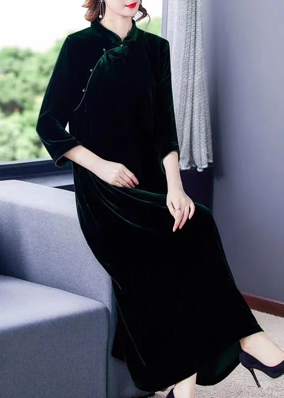 Daily Deals Chinese Style Blackish Green Stand Collar Patchwork Silk Velour Dress Fall Daily Deals Chinese Style Blackish Green Stand Collar Patchwork Silk Velour Dress Fall