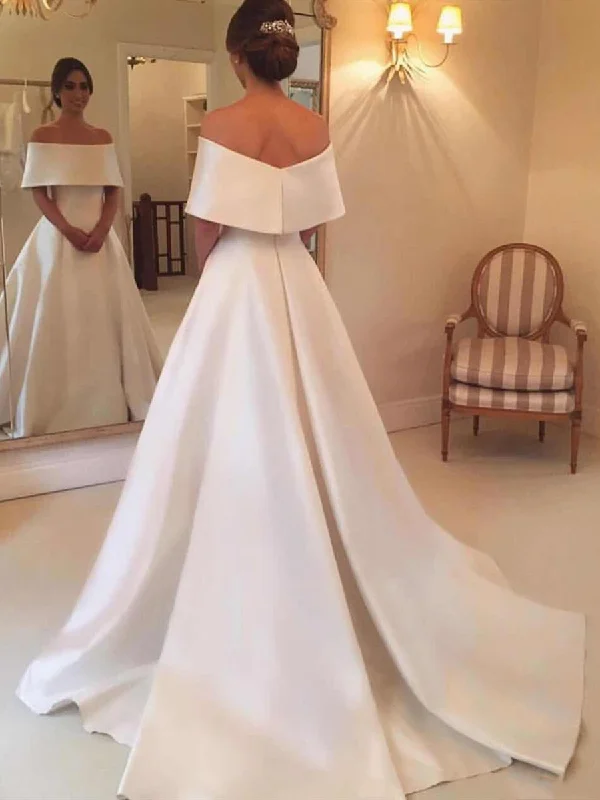 Crazy Deals Elegant White Satin Off Shoulder Wedding Dresses, Off Shoulder White Satin Long Prom Dresses, White Formal Evening Dresses