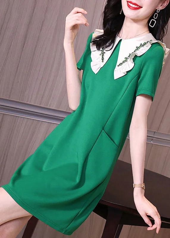 Limited Time Stylish Green Peter Pan Collar Ruffles Pockets Spandex Dress Summer