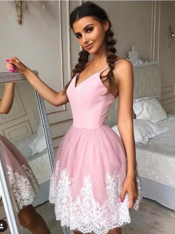 Epic Deals A Line V Neck Short Pink Lace Prom Dresses, Short Pink Lace Formal Homecoming Dresses