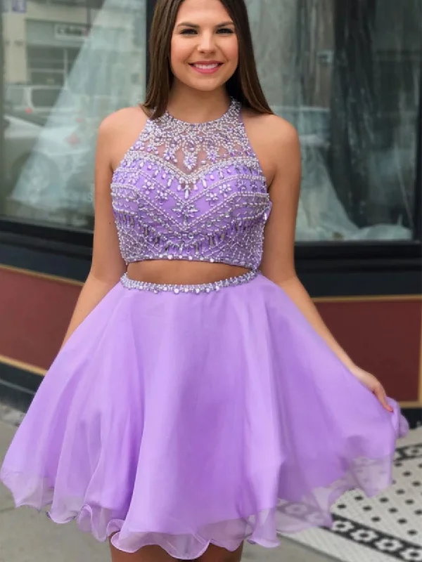 Don't Wait Round Neck Two Pieces Beaded Purple Short Prom Dresses Homecoming Dresses, Two Pieces Beaded Purple Formal Graduation Evening Dresses