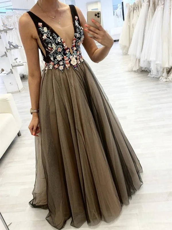 Hurry In Black V Neck Floral Long Prom Dresses, Long 3D Flower Black Formal Evening Dresses