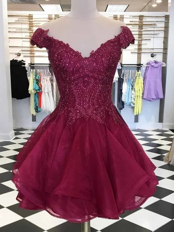 Must-Have Deals Burgundy Cap Sleeves Lace Short Prom Dresses Homecoming Dresses, Burgundy Lace Formal Dresses, Graduation Dresses, Burgundy Evening Dresses