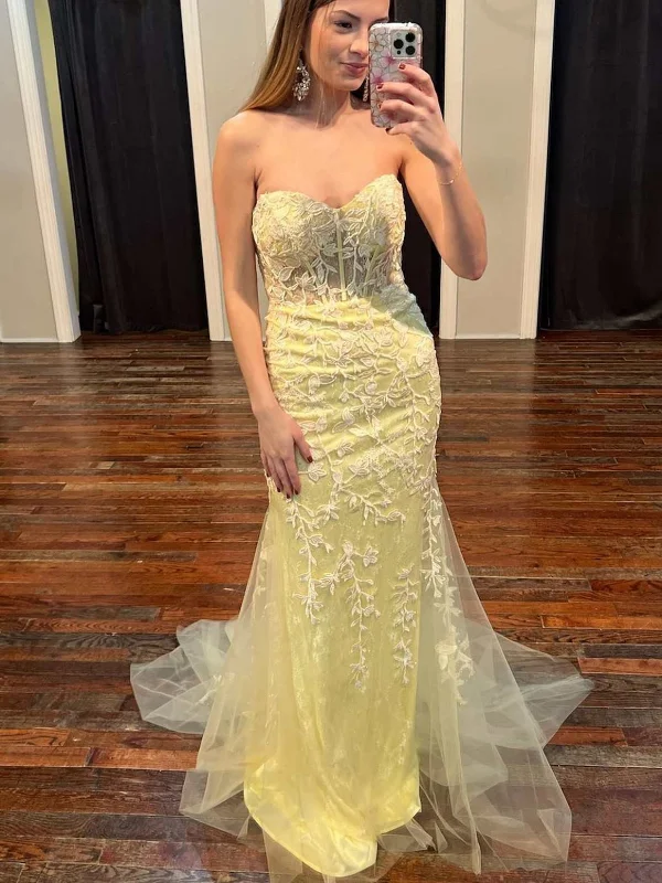 floral wrap dressfloral wrap dressStrapless Mermaid Yellow Lace Prom Dresses Long, Mermaid Yellow Formal Dresses, Yellow Lace Evening Dresses SP2672