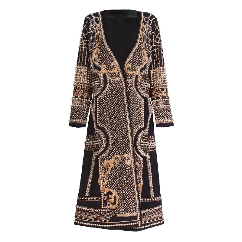 Instant Discount Opulent Pearl Beaded Baroque Print Collarless Long Sleeve Crepe Trench Coat Instant Discount Opulent Pearl Beaded Baroque Print Collarless Long Sleeve Crepe Trench Coat