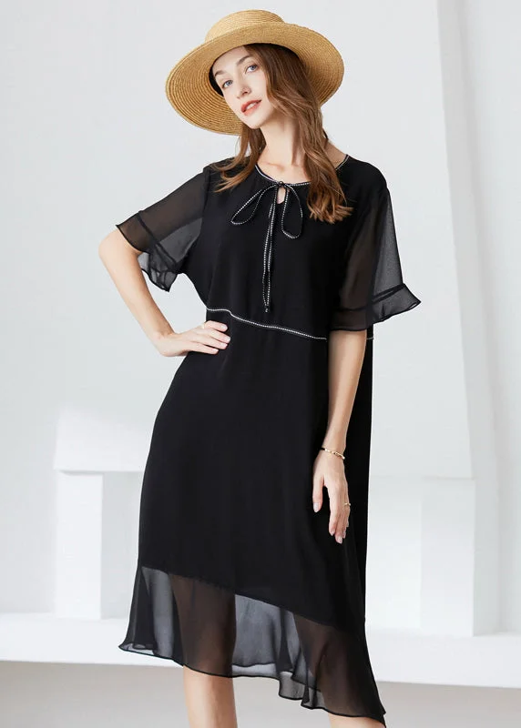Special Savings Modern Black O-Neck Ruffles Lace Up Chiffon Long Dress Summer
