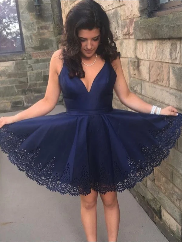 Major Savings Navy Blue V Neck Lace Short Prom Dresses, Navy Blue Lace Homecoming Dresses, Lace Navy Blue Short Formal Graduation Evening Dresses