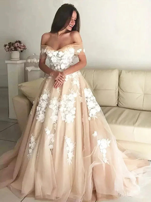 Don't Miss Off Shoulder White Lace Appliques Champagne Prom Dresses Wedding Dresses, Off Shoulder Champagne Formal Dresses, Champagne Evening Dresses Don't Miss Off Shoulder White Lace Appliques Champagne Prom Dresses Wedding Dresses, Off Shoulder Champagne Formal Dresses, Champagne Evening Dresses