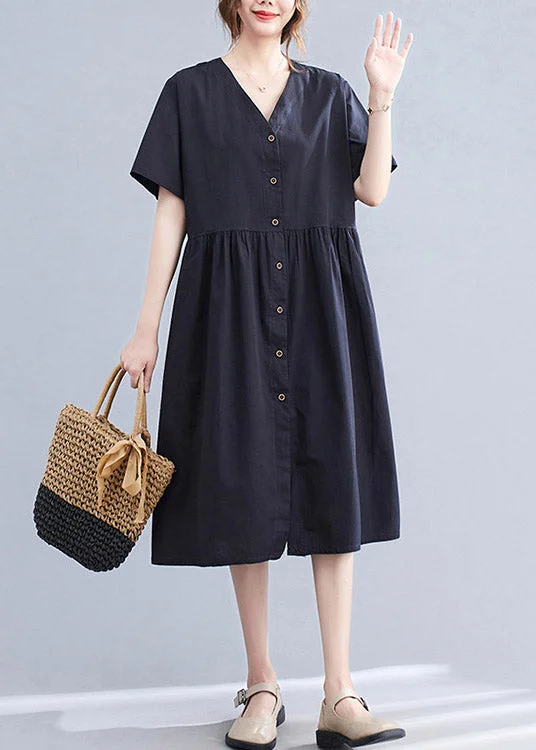 trendy dresstrendy dressBlack V Neck Wrinkled Cotton Long Dress Short Sleeve