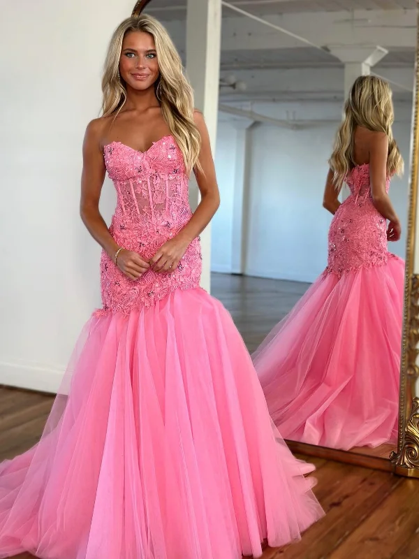 sleek midi dresssleek midi dressGorgeous Strapless Mermaid Pink Lace Floral Long Prom Dresses, Mermaid Pink Formal Evening Dresses, Pink Lace Ball Gown SP2547