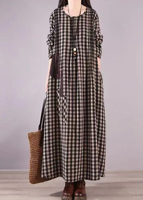 Low Prices Loose Black Plaid O Neck Pockets Patchwork Cotton Dress Fall
