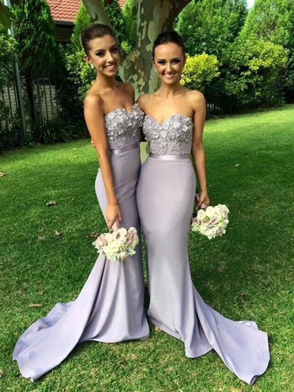 Steals and Deals Sweetheart Neck Mermaid Strapless Sweep Train Lace Lavender Prom Dresses With Appliques, Lavender Bridesmaid Dresses, Formal Dresses