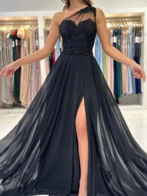 cocktail party dresscocktail party dressOne Shoulder Black Lace Long Prom Dresses with High Slit, Black Lace Formal Dresses, Black Evening Dresses SP2724