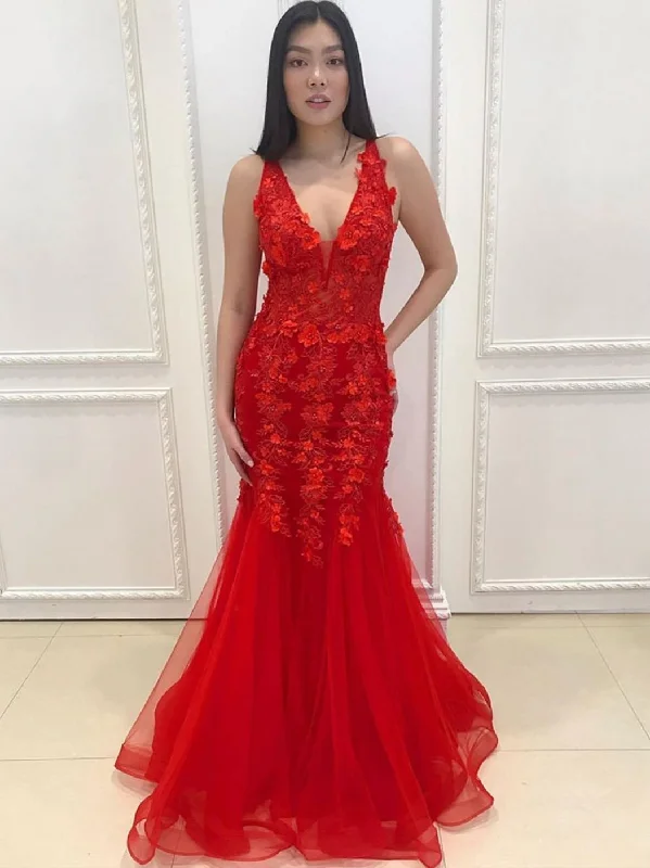Don't Wait V Neck Mermaid Appliques Red Lace Long Prom Dresses, Mermaid Red Lace Formal Dresses, Red Lace Evening Dresses