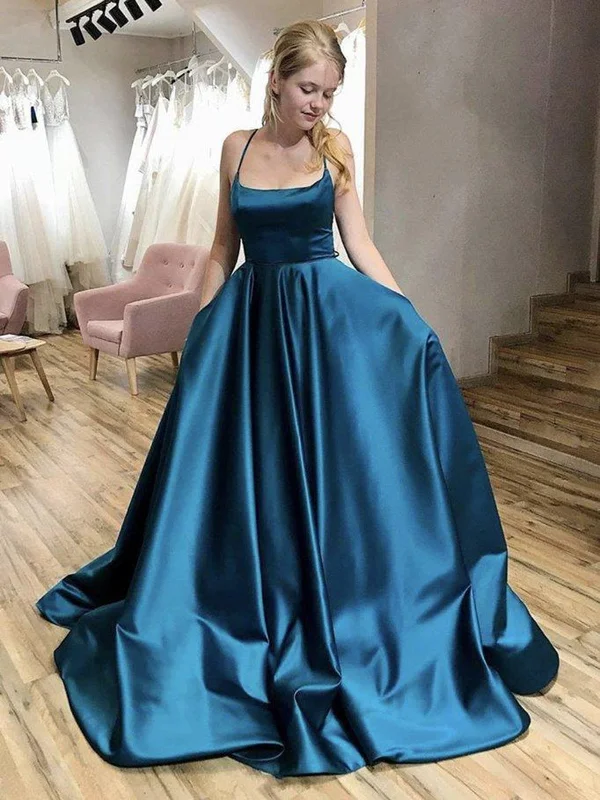 Act Now Simple Backless Blue Satin Long Prom Dresses with Pocket, Thin Strap Blue Formal Evening Dresses Act Now Simple Backless Blue Satin Long Prom Dresses with Pocket, Thin Strap Blue Formal Evening Dresses
