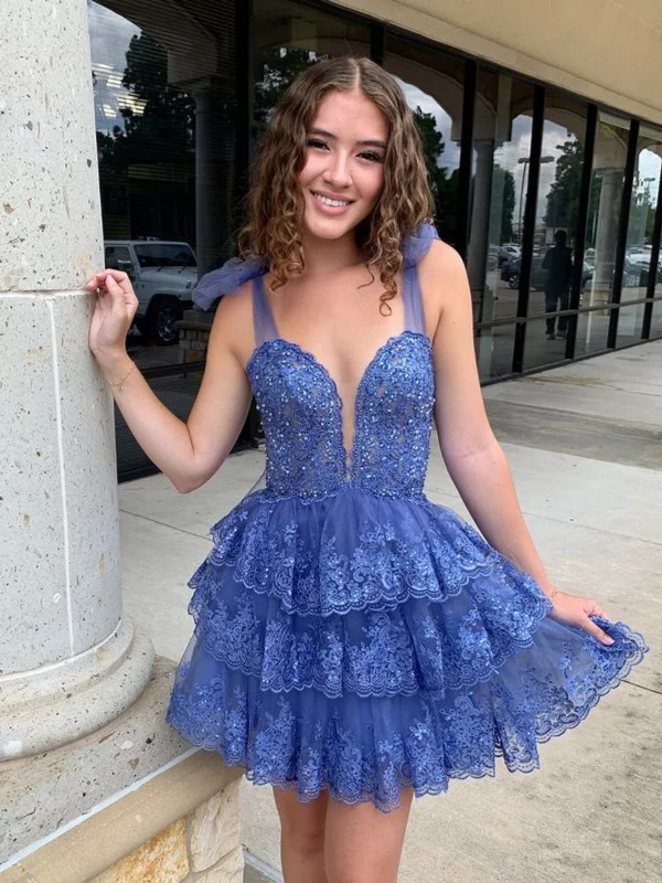 sleeveless dresssleeveless dressA Line V Neck Layered Blue Lace Prom Dresses, Blue Lace Homecoming Dresses, Short Blue Formal Evening Dresses SP3000