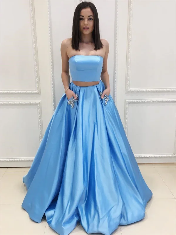 Hurry In Two Piece Strapless Blue Satin Long Prom Dresses with Beading Pockets, Blue Formal Dresses, Two Pieces Blue Evening Dresses