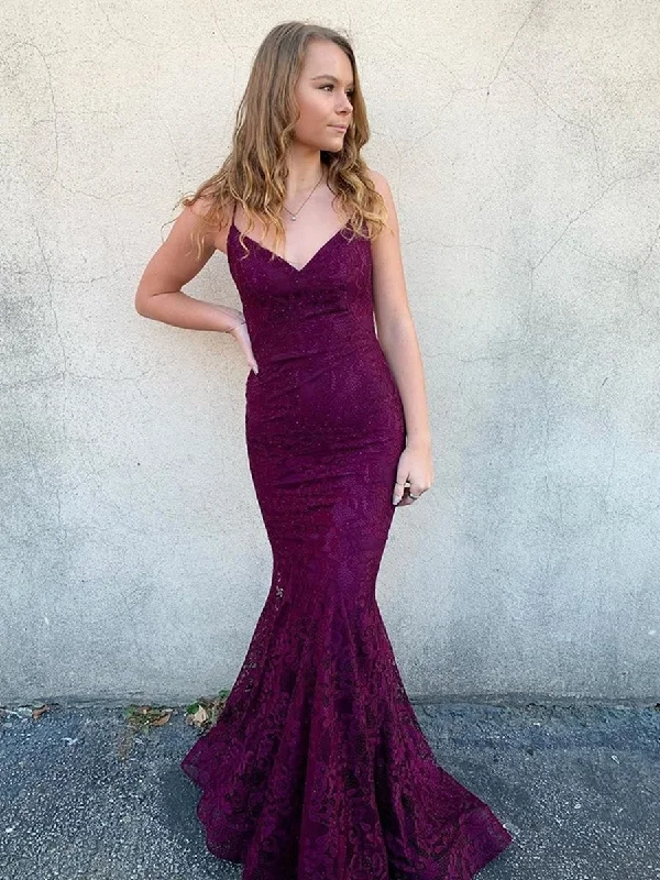 Take Advantage V Neck Long Backless Mermaid Lace Purple Prom Dresses, Backless Mermaid Purple Lace Formal Dresses, Mermaid Lace Purple Evening Dresses