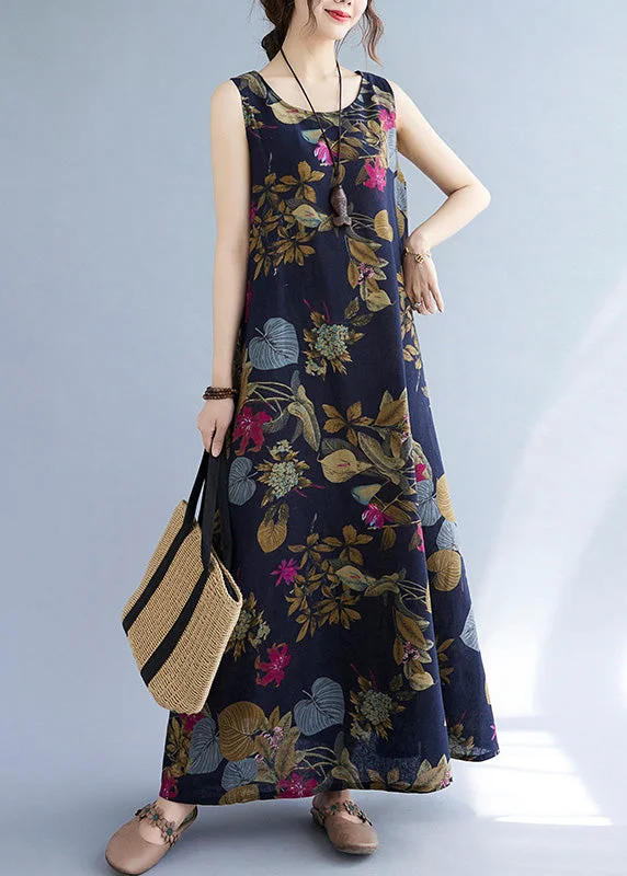 Bargain Prices Navy Leaves Print O-Neck Short Sleeve Pleated Summer