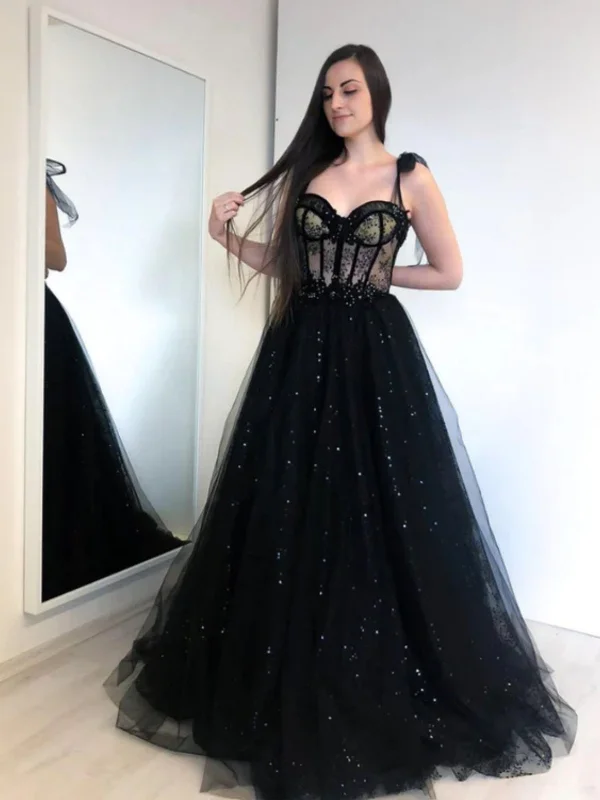 casual slip dresscasual slip dressA Line Sweetheart Neck Black Tulle Long Prom Dresses, Long Black Formal Graduation Evening Dresses SP2940