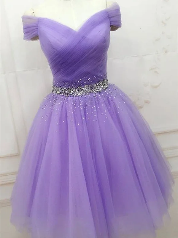 casual dresscasual dressOff Shoulder Short Beaded Purple Prom Dresses, Off Shoulder Purple Formal Graduation Homecoming Dresses