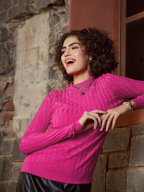 The Best Prices Women Pink Rib Full Sleeves High Neck Sweater