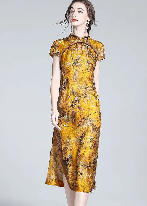 Extra Discounts Elegant Yellow Stand Collar Patchwork Side Open Silk Dress Summer