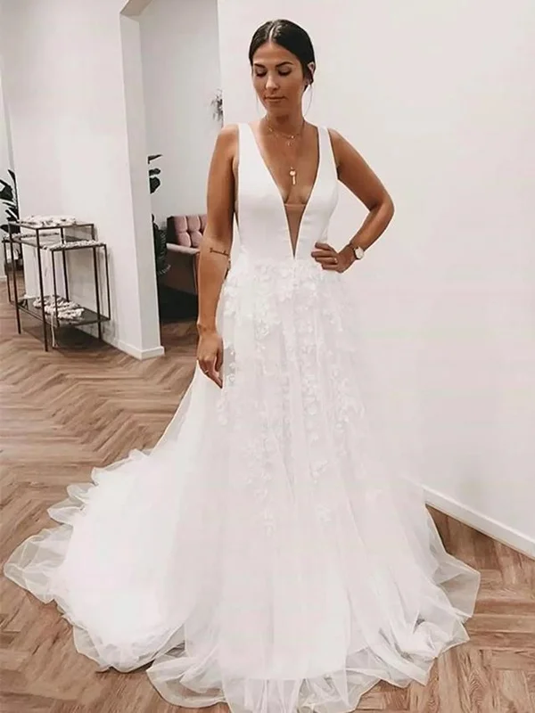 Today Only Deep V Neck and V Back White Lace Long Prom Wedding Dresses with Train, White Lace Formal Dresses, V Neck White Evening Dresses SP2188