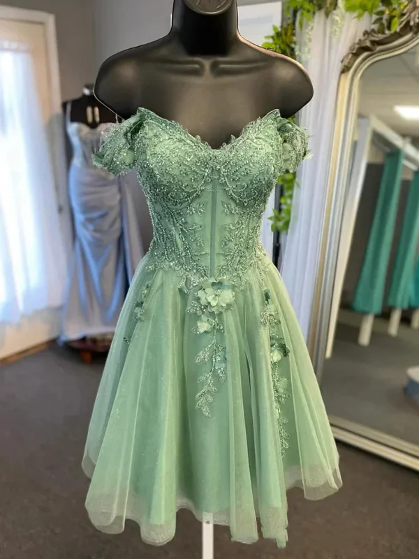 A-line dressA-line dressOff Shoulder Beaded Sage Lace Prom Dresses, Sage Lace Homecoming Dresses, Short Sage Formal Evening Dresses SP3003