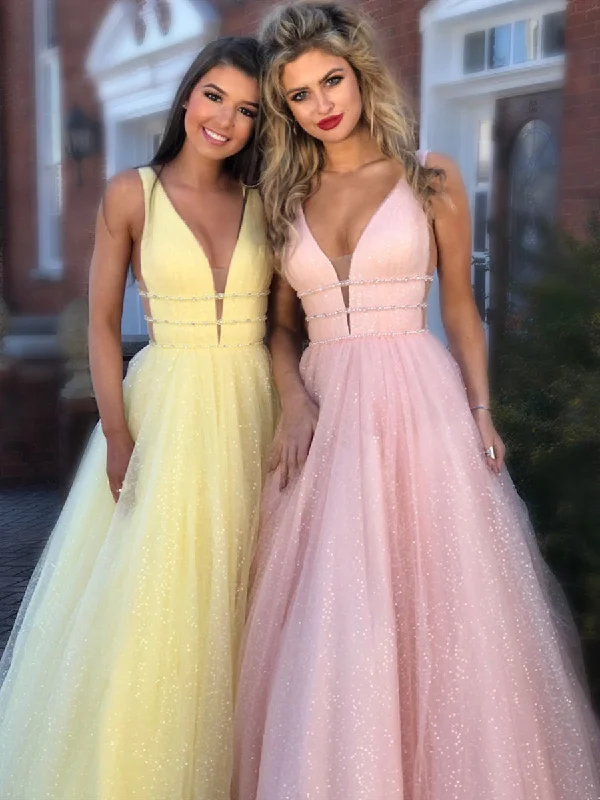 Crazy Deals Sparkly A Line V Neck and V Back Yellow/Pink/Light Blue Long Prom Dresses, Yellow/Pink/Light Blue Formal Dresses, Evening Dresses
