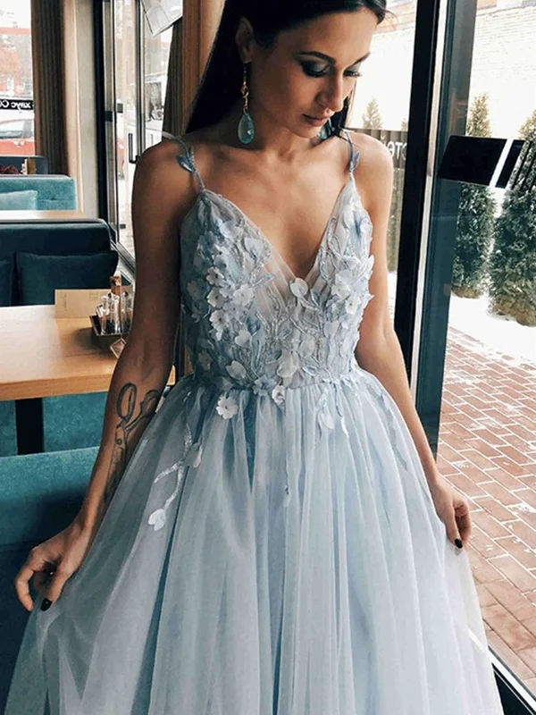 New Arrival V Neck Open Back Light Blue Floral Long Prom Dresses, V Neck Light Blue Formal Evening Dresses with Flowers SP2183