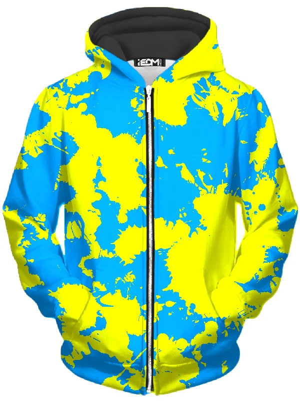 Bargain Blast Yellow and Blue Paint Splatter Unisex Zip-Up Hoodie