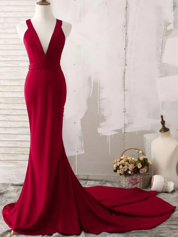 Year-End Sale Burgundy V Neck Mermaid Open Back Satin Long Prom Dresses with Sweep Train, V Neck Backless Burgundy Formal Dresses, Burgundy Evening Dresses Year-End Sale Burgundy V Neck Mermaid Open Back Satin Long Prom Dresses with Sweep Train, V Neck Backless Burgundy Formal Dresses, Burgundy Evening Dresses