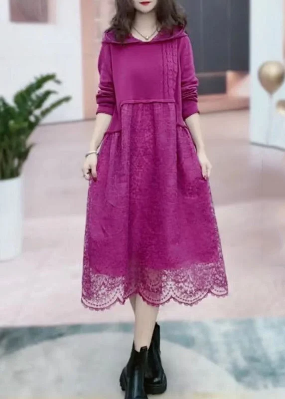 Time-Limited Offer Fashion Rose Hooded Patchwork Lace Long Dresses Fall