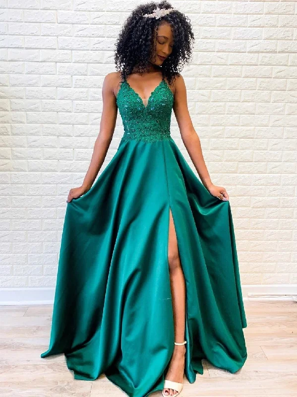 Price Meltdown A Line V Neck Backless Lace Green Prom Dresses with Split, Backless Green Lace Formal Dresses, Green Lace Evening Dresses Price Meltdown A Line V Neck Backless Lace Green Prom Dresses with Split, Backless Green Lace Formal Dresses, Green Lace Evening Dresses