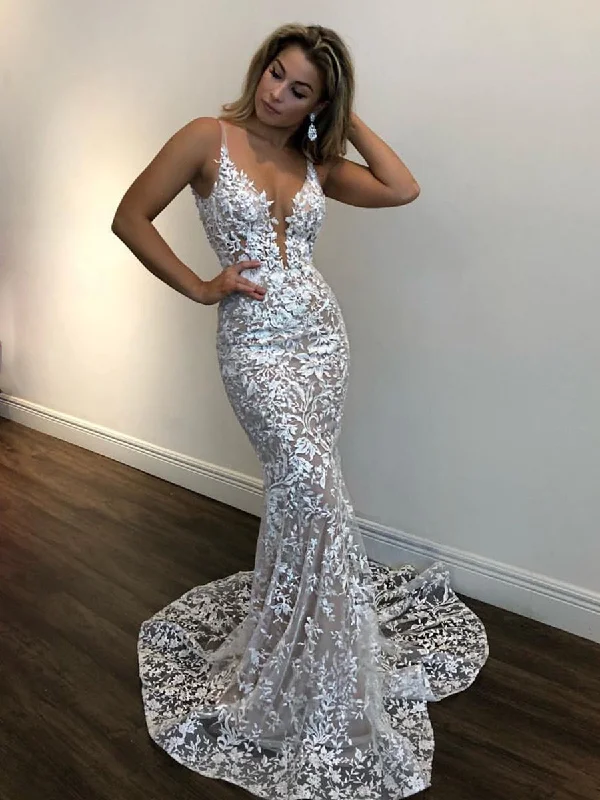 Don't Miss Sexy Mermaid V Neck White Lace Champagne Prom Dresses, Lace Champagne Formal Dresses, Champagne Evening Dresses