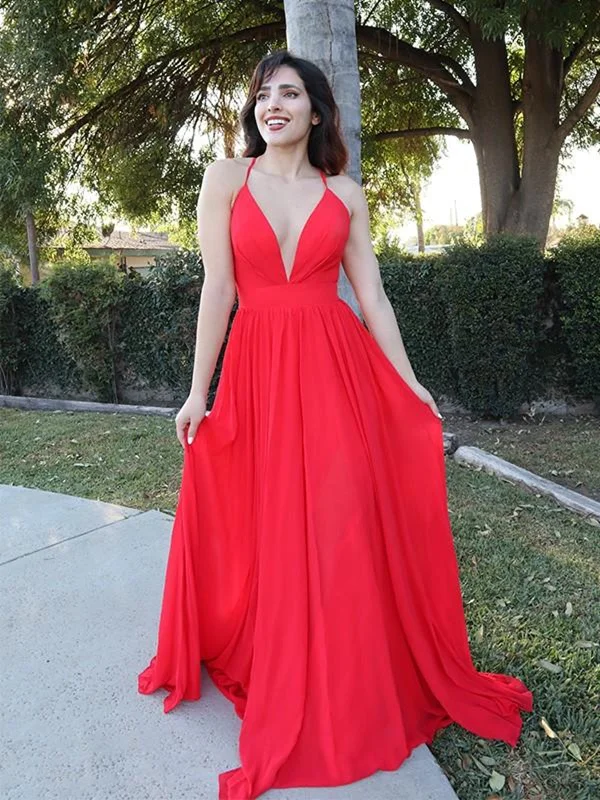 Discount Deals A Line V Neck Backless Red Long Prom Dresses, Open Back Red Formal Graduation Evening Dresses