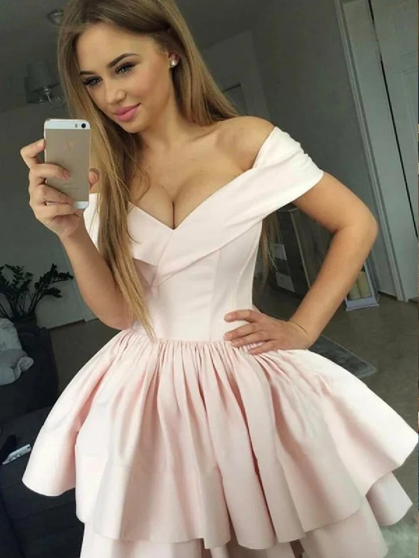 ashionable dressashionable dressCute Off the Shoulder Layered Pink Homecoming Dresses Short Prom Dresses, Off Shoulder Pink Formal Dresses, Evening Dresses