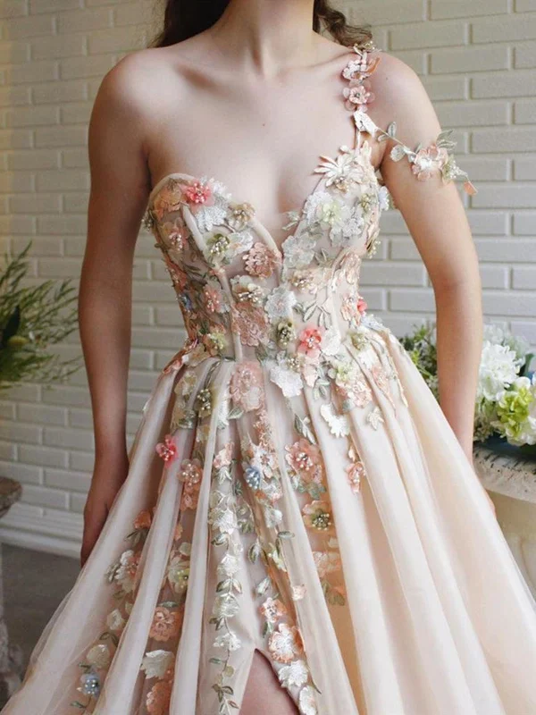 Reduced Prices Charming One Shoulder Floral Champagne Long Prom Dresses, 3D Flowers Champagne Formal Evening Dresses