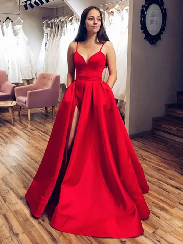 Time-Limited Offer Simple Red Satin Long Prom Dresses with High Slit, Red Formal Graduation Evening Dresses Time-Limited Offer Simple Red Satin Long Prom Dresses with High Slit, Red Formal Graduation Evening Dresses