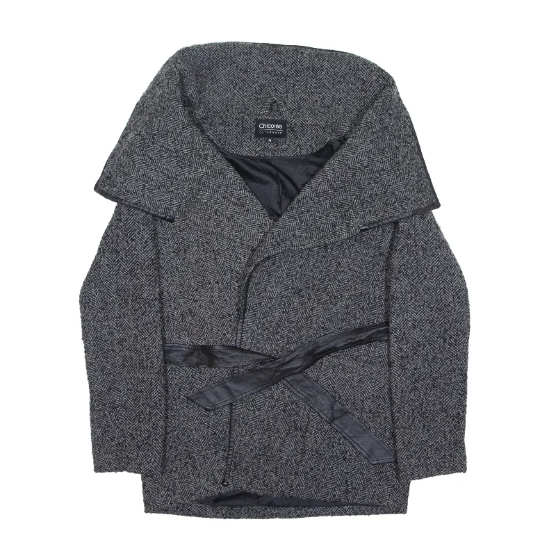 Limited Availability CHICOREE Wrap Overcoat Jacket Grey Wool Chevron Womens M