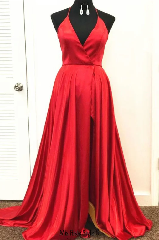 fitted dressfitted dressSexy Backless Halter Neckline Red Slit Pageant Dress